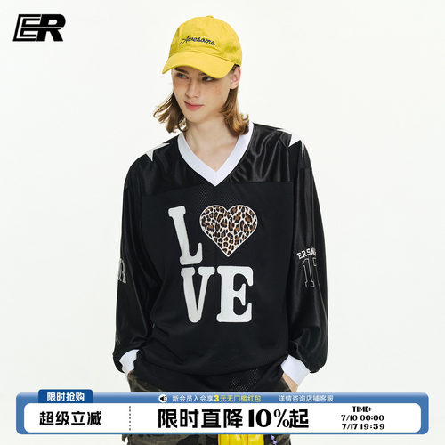 ER豹纹爱心撞色拼接运动风长袖t恤美式复古v领球衣户外休闲上衣