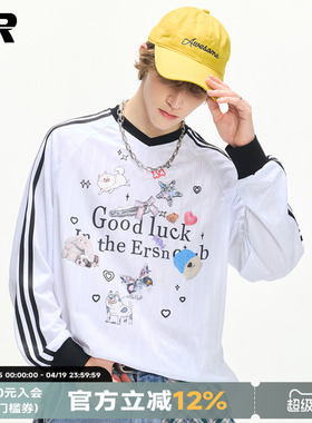 【王玉雯同款】ER撞色条纹卡通印花V领长袖t恤男女oversize上衣