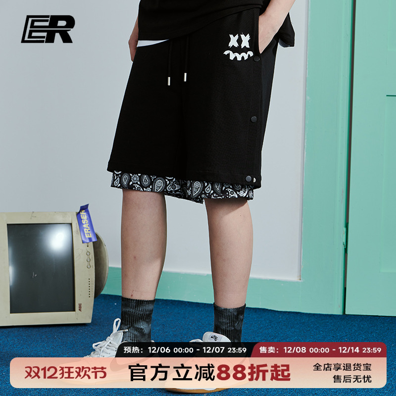 ER笑脸国潮腰果花短裤假两件休闲运动排扣五分裤男情侣宽松中裤