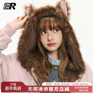 ER原创座山雕连帽棉服外套2026秋冬珍珠logo毛领夹克美式 潮牌情侣