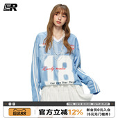 长袖 ER撞色条纹18号运动球服V领美式 T恤女春季 排汗透气速干