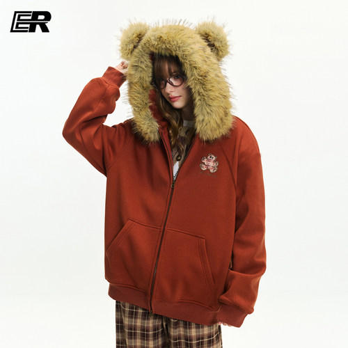ER小熊绣花毛领卫衣男女秋冬美式加绒潮牌宽松连帽外套情侣装