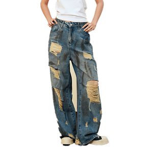 ER扎染破洞牛仔裤男女春秋美式高街做旧脏脏裤重工水洗显瘦微喇裤