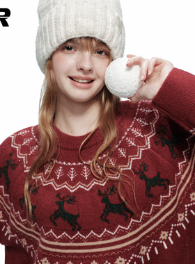 ER费尔岛提花套头毛衣女早秋新款慵懒风软糯通勤新年红色针织衫