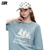 ER插肩袖 T恤女夏宽松圆领oversize潮牌潮流半袖 美式 帆船印花短袖