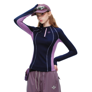 ER半拉链掐腰修身显瘦辣妹运动长袖T恤女撞色拼接户外速干上衣