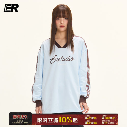 ER学院风V领天鹅颈长袖T恤2026秋季美式休闲复古运动球衣宽松上衣