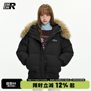 ER刺绣大毛领90白鸭绒连帽羽绒服冬季户外滑雪潮牌防寒保暖外套