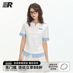 ER学院风短袖 显瘦上衣 POLO衫 女2025夏撞色拼接格子假两件T恤修身