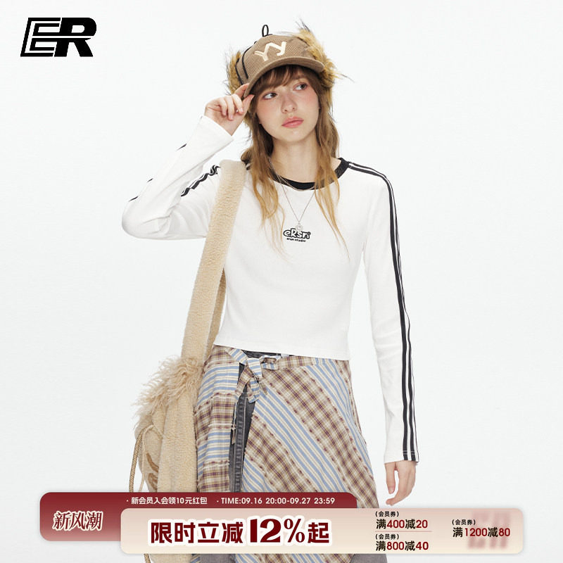 ER三条杠撞色条纹短款长袖t恤女秋季辣妹修身显瘦露肚脐打底上衣										