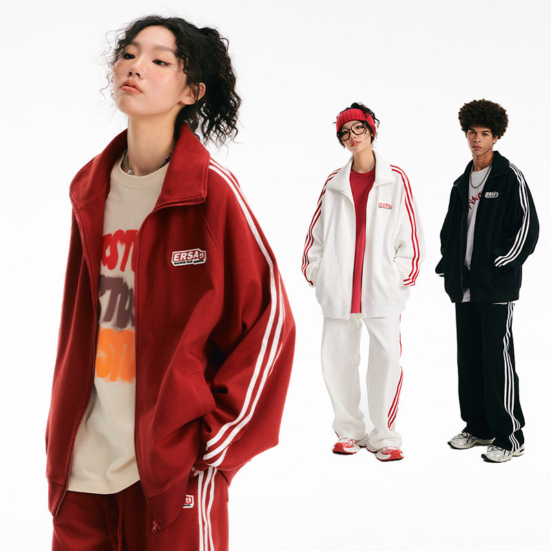 【明星同款】ER条纹撞色开衫新年红卫衣运动套装校园风运动服外套