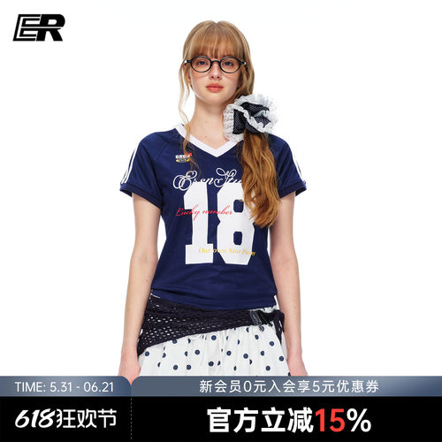 ER美式V领球衣印花速干T恤女