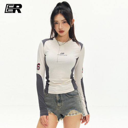 ER撞色拼接长袖印花运动T骑行服