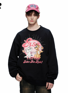 ER卡通风小狗印花套头卫衣男女春慵懒风黑色休闲百搭潮牌上衣情侣