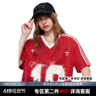 【排汗透气速干】ER撞色条纹美式复古V领夏季短袖T恤运动18号球衣