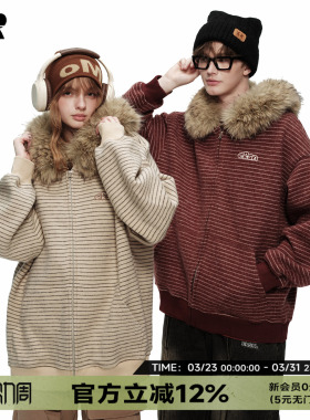 ER撞色条纹卫衣拉链开衫毛领卫衣2026春季潮牌美式复古连帽外套