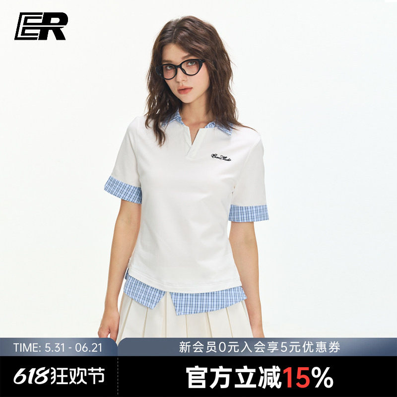 ER学院风短袖POLO衫女2026夏撞色拼接格子假两件T恤修身显瘦上衣