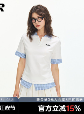 ER学院风短袖POLO衫女2026夏撞色拼接格子假两件T恤修身显瘦上衣