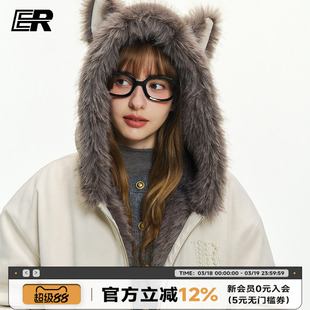 ER原创座山雕连帽外套2026秋冬珍珠logo毛领夹克美式潮牌情侣棉服