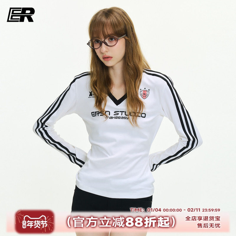 ER美式辣妹条纹V领收腰紧身长袖t恤女2026秋季内搭打底衫上衣