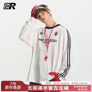 学院风美式 T恤男女秋季 ER撞色领条纹长袖 潮牌打底衫 左奇函