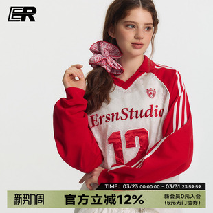 运动12号冰球服罩衫 t恤女国潮美式 V领长袖 ER蕾丝透视感镂空插肩袖