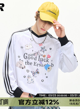 【王玉雯同款】ER撞色条纹卡通印花V领长袖t恤男女oversize上衣