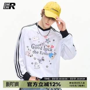t恤男女oversize上衣 ER撞色条纹卡通印花V领长袖 王玉雯同款