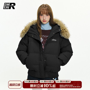 ER刺绣大毛领90白鸭绒连帽羽绒服冬季户外滑雪潮牌防寒保暖外套
