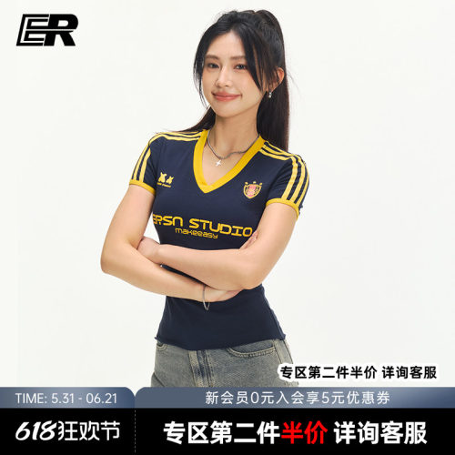 ER美式y2k正肩短袖t恤女球衣辣妹修身掐腰潮牌撞色V领上衣夏季