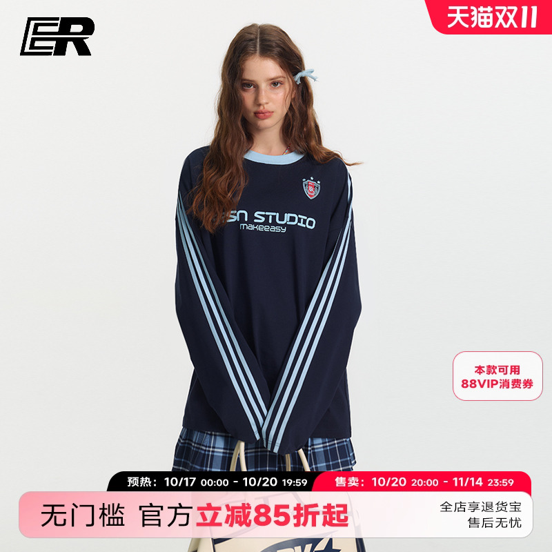 ER三条杠美式徽章长袖t恤情侣春秋潮牌复古运动圆领上衣打底衫