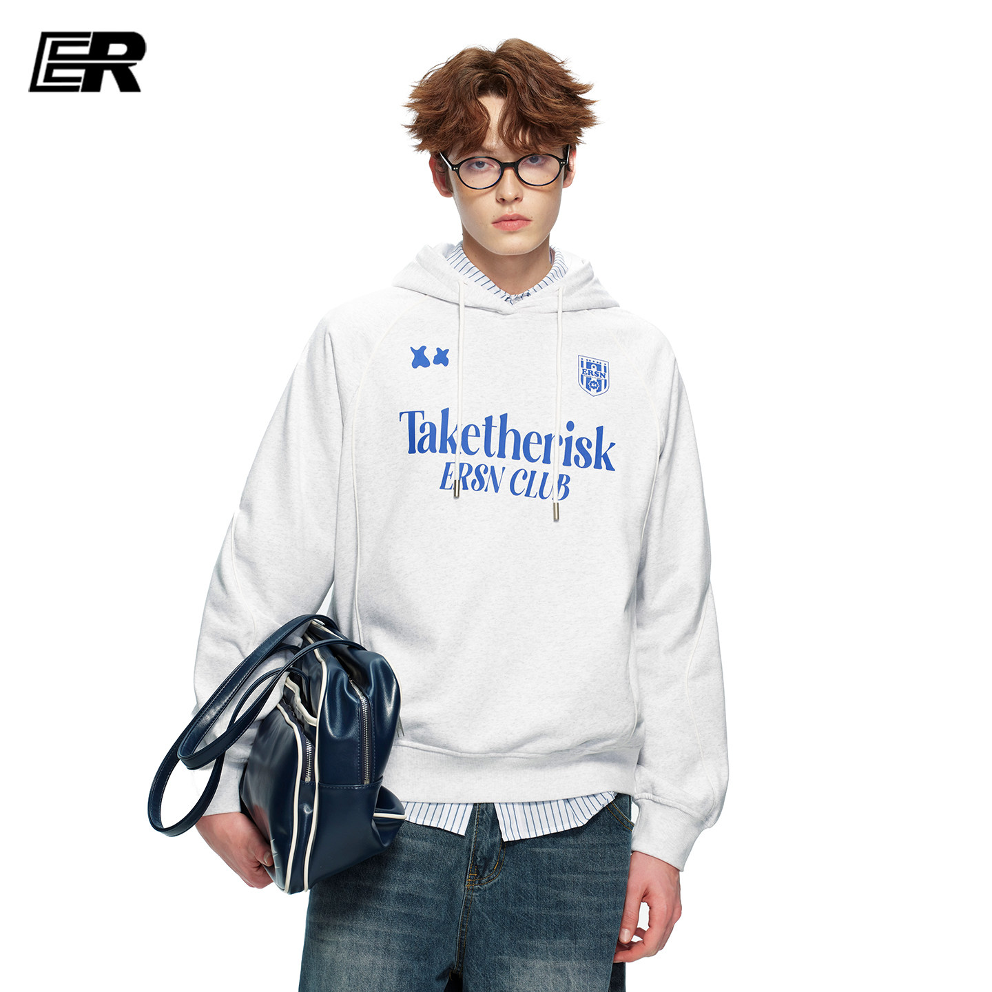 ER学院风印花运动线条连帽卫衣男女春季潮牌美式户外休闲潮牌上衣
