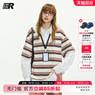 T恤男女2025秋学院风 ER假两件小狗刺绣条纹Polo领长袖 张桂源