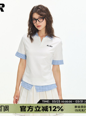 ER学院风短袖POLO衫女2026夏撞色拼接格子假两件T恤修身显瘦上衣