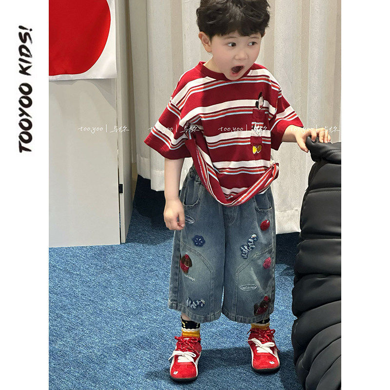 男童卡通条纹短袖T恤上衣直筒绣花七分牛仔裤2026夏装中小童套装