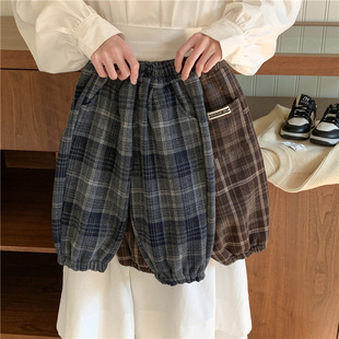 男童裤子加绒毛呢冬季2025新款儿童一体绒小男孩韩版格子束脚裤潮