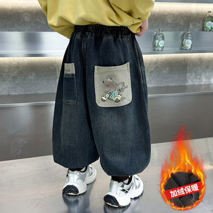 男童加绒牛仔裤秋冬款2025新款儿童痞帅一体绒裤子宝宝炸街灯笼裤