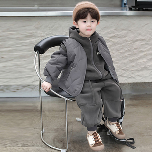 男童秋冬款外套加厚卫衣帅洋气宝宝棉马甲儿童加绒连帽棉衣服套装