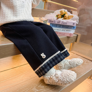 女童裤子秋冬装2026新款儿童韩版宽松阔腿裤女孩直筒裤加绒格子裤