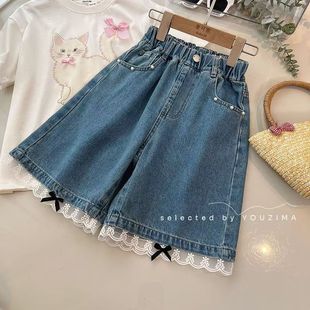 女童2025夏季新款蕾丝花边牛仔短裤儿童蝴蝶结洋气牛仔中裤五分裤