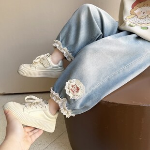 女小童花边牛仔裤春秋季儿童宽松灯笼裤春装女宝宝洋气百搭休闲裤