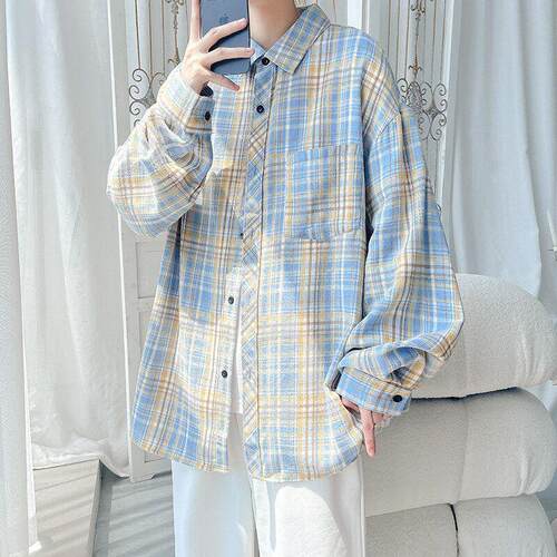 格子衬衫男夏季美式复古防