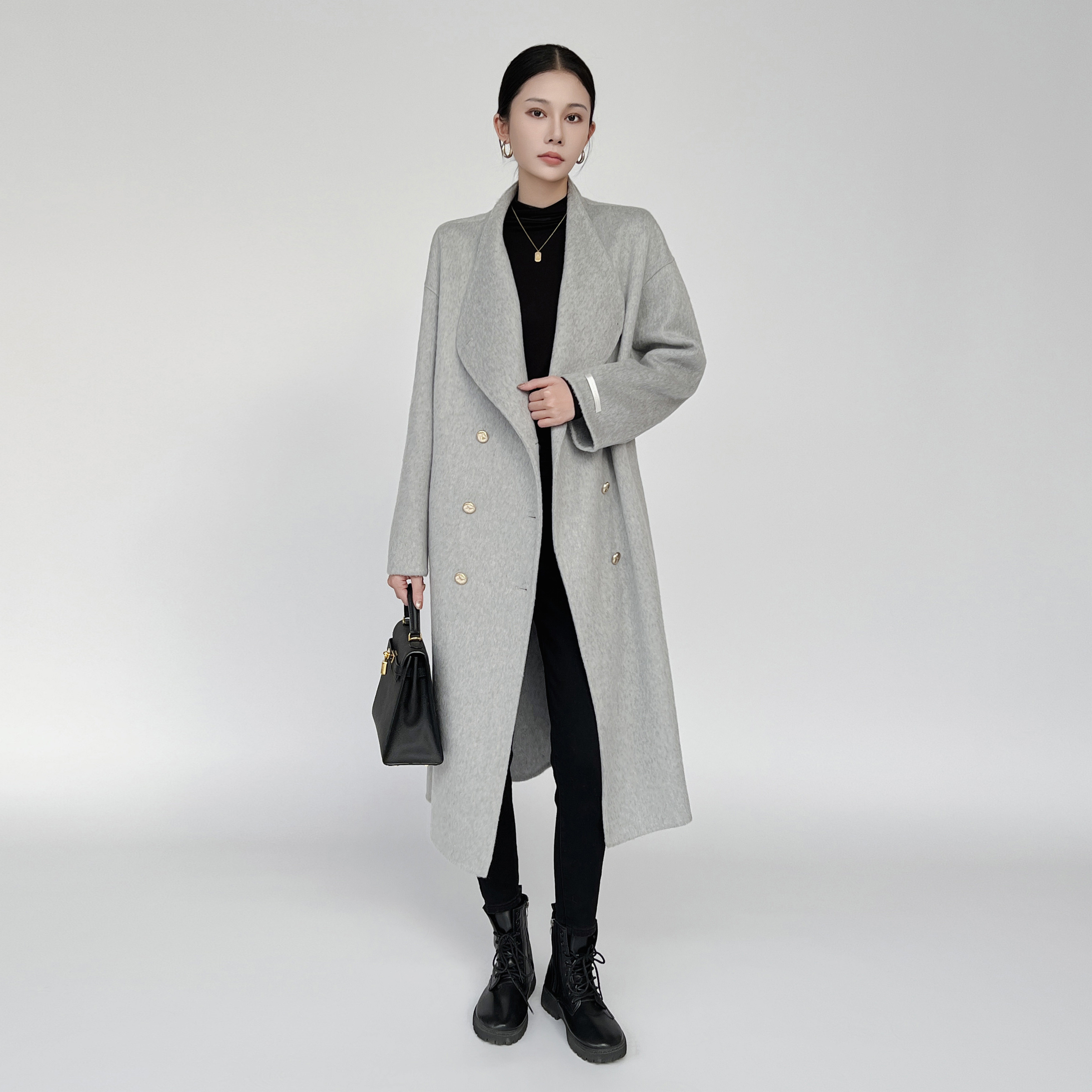 JIACIMEI灰色羊绒双面呢大衣简约风修身气质中长款毛呢外套秋冬女