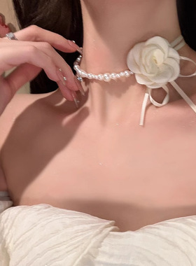 山茶花珍珠项链女choker锁骨链拼接轻奢小众花朵颈链脖子配饰