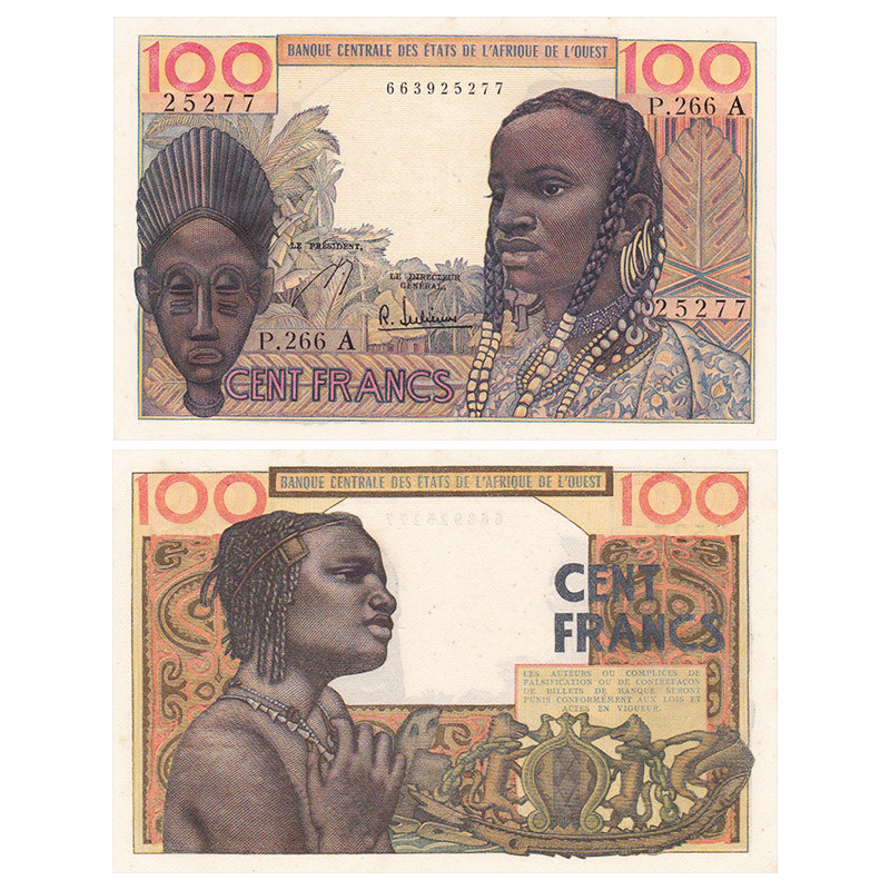 西非(科特迪瓦)100法郎 纸币 nd年份 全新斑点 p-101ag