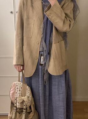 藤井树同款古早褶皱波点蓝波蕾丝蓝色围巾木耳边长款百搭丝巾围脖