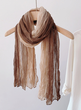 2025新款棉麻围巾女复古渐变长披肩文艺褶皱薄春秋季保暖护颈围脖