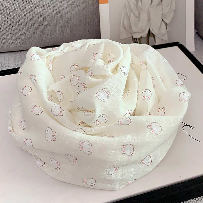 2025春秋新款丝巾女百搭韩版棉麻透气围巾女白色小清新兔子薄披肩