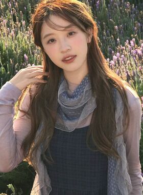 藤井树同款古早褶皱波点蓝波蕾丝蓝色围巾木耳边长款百搭丝巾围脖