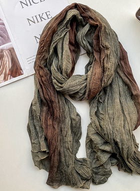 日系扎染棉麻手感围巾女春秋长款文艺复古褶皱丝巾百搭薄款围脖